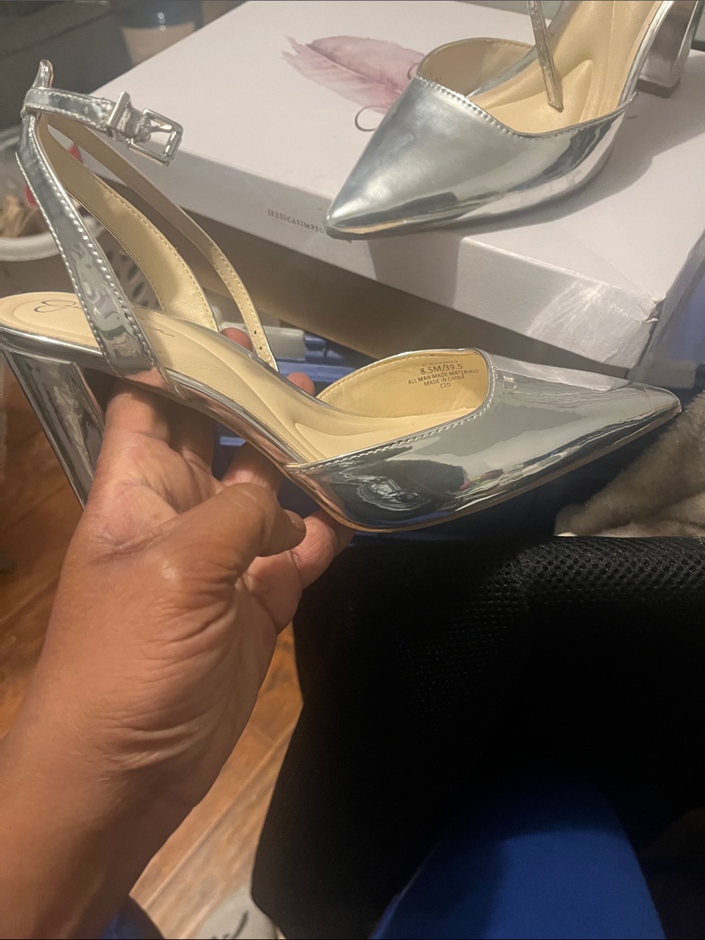 Jessica Simpson Silver Mirror Pointed-Toe Slingback Heels